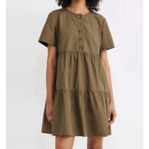 Madewell Women’s Tiered Mini Dress Size M Button Front Short Sleeve Olive Green